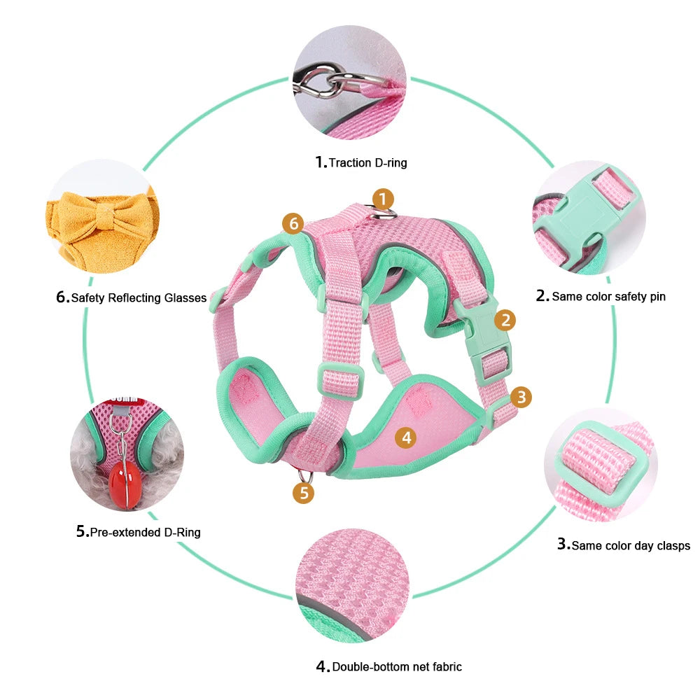 Soft Dog Harness Vest Leash , Adjustable Reflective Pet vest for Small Medium , Escape-Proof Soft Mesh Breathable  Walking Gear