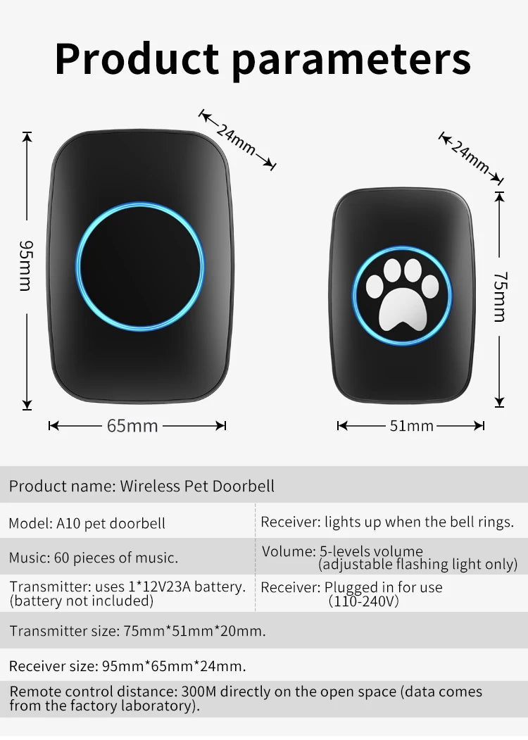 Touch Pet Doorbell 300M/984 ft Range 60 Songs Cat & Dog Training Pager LED Flash light Smart Wireless Doorbell Plug US EU