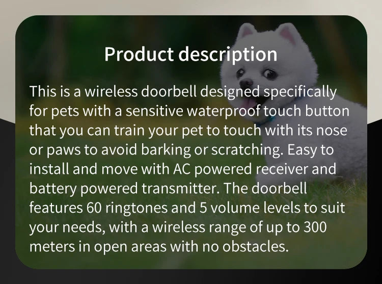 Touch Pet Doorbell 300M/984 ft Range 60 Songs Cat & Dog Training Pager LED Flash light Smart Wireless Doorbell Plug US EU